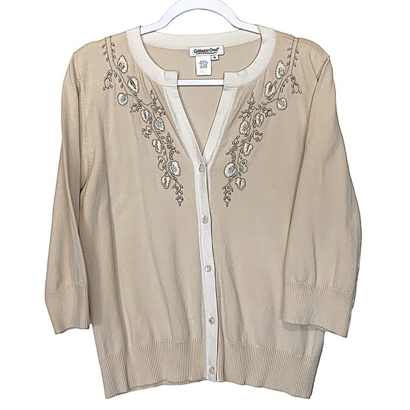 𝅺COLDWATER Creek Beige Jeweled Cardigan Sweater Size Medium - Picture 1 of 8